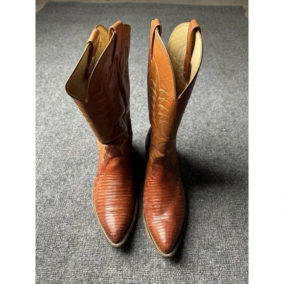 Mens Leather Nocona Brown Lizard Print Cowboy Boots 29060 USA 1970s, Size 9.5E